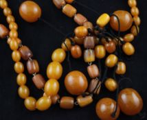 Three yellow amber bead necklaces, various, gross 131 grams.