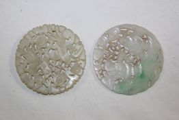 A Chinese jadeite disc and a similar bowenite disc, the white jadeite disc with small emerald green