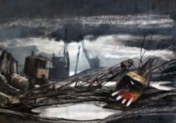 Charles Oakley, RUA (1925-2008)watercolour and ink,Derelict crane and shipyard,signed and dated `
