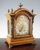 A late Victorian brass mounted walnut bracket clock, with German movement striking on a gong,