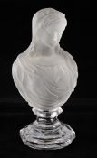 A Baccarat frosted and cut glass bust of a lady, wearing drapery, on a panel stepped cut pedestal,