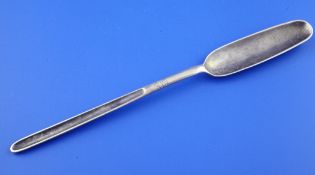 A George II silver marrow scoop, with engraved armorial, Marmaduke Daintrey, London, 1748, 7.75in.