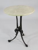 A Victorian black painted cast iron tripod table, with circular marble top, W.1ft 10in.