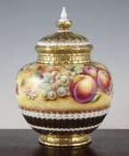 A Royal Worcester fruit painted pot pourri vase and cover, post war, painted by P. Stanley, with