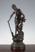 After Auguste Moreau. A patinated bronze figure group of a classical maiden, with harp and