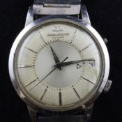 A gentleman`s 1950`s stainless steel Jaeger Le Coultre Memovox automatic alarm wrist watch, with