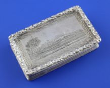 A George IV silver rectangular snuff box, the lid engraved with horse drawn river boat scene, with