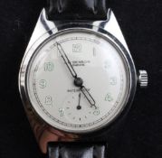 A 1930/1940`s stainless steel boy`s size manual wind wrist watch, retailed by J.W.Benson, London,