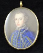 English School c.1800oil on ivory,Miniature of a gentleman wearing an sable trimmed blue cloak,2 x