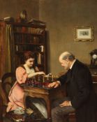 Josef Gisela (1854-1899)oil on wooden panel,`The Chess Players`,signed,17 x 13.25in.
