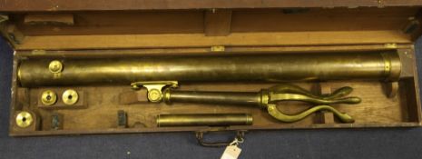 A Victorian brass telescope and tripod stand, by Adie & Son, together with various objectives, in