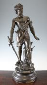 Henri Plé. A bronzed spelter figure `La Defense du Foyer`, signed, 30in.