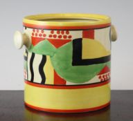 A rare Clarice Cliff `Sunspots` biscuit barrel, black printed Bizarre and Clarice Cliff facsimile