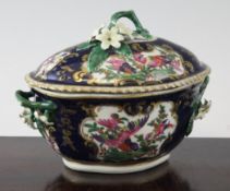 A Worcester blue scale ground dessert tureen and cover, c.1770, of quatrelobed oval form, decorated