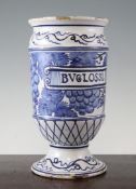 An Italian maiolica albarello, 19th century, with title `BVGLOSSI.`, on a central band decorated