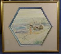 George Campoil on board,Figures beside a fishing boat on the beach,signed,hexagonal, 20 x 23in.