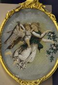 A pair of Victorian gilt framed oval needlework panels, one depicting `Night`, the other `Aurora