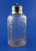 A 19th century German silver mounted cut glass flask with lid, of octagonal form, with turned