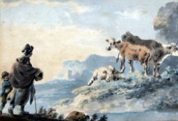 Attributed to Philippe Hame De Loutherbourgink and watercolour,Cattle and drovers,4.5 x 6.25in.