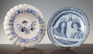 A Dutch Delft blue and white William III and Queen Mary II portrait dish, and another Delft