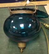 A green glass ceiling lantern, with circular domed smoked glass shade, 10in.