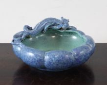 A Chinese robin`s egg glazed petal lobed brush washer, 19th century, the rim modelled with a chi-