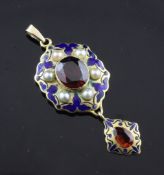 An early 20th century gold, hessonite garnet, split pearl and blue enamel set drop pendant, of