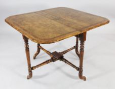 A Victorian burr walnut and amboyna crossbanded Sutherland table, with turned underframe. W.3ft