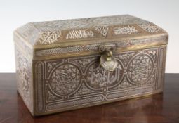 A large Cairo ware rectangular casket, with silver and copper inlay and Arabic script, decorated in