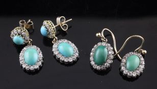 Two pairs of gold, turquoise and diamond set earrings, of oval form.