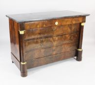 A 19th century French mahogany marble top commode, fitted four drawers and ormolu mounted side