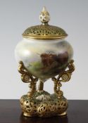 A Royal Worcester pot pourri and cover, by Harry Stinton, c.1908, the onion shaped body painted