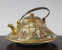 A Japanese Satsuma pottery teapot, Meiji period, of conical form, painted to one side with bijin in