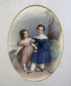 Early Victorian Schoolwatercolour,Portrait of a brother and sister,oval,10 x 7.5in.