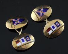 A pair of 9ct gold and enamel nautical related cufflinks by Benzie of Cowes, Isle of Wight, each