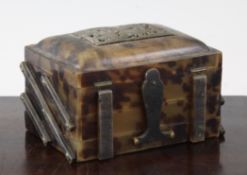 A Chinese tortoiseshell and horn three section concertina box, early 20th century, the domed cover