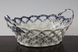 A Worcester `Pine Cone` pattern pierced basket, c.1770, the reticulated sides interwoven with