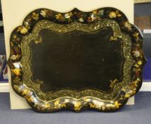 A Victorian Jennens & Bettridge black lacquer papier mache tray, with floral painted and mother of