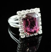 A French 18ct white gold, pink tourmaline and diamond set dress ring, of rectangular form, with