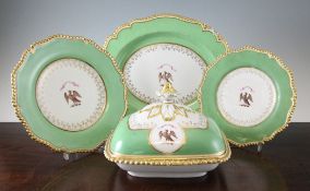 A Worcester Flight Barr & Barr fifty piece armorial dinner service, c1820, each painted with an