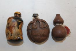 Three Chinese wood / bamboo snuff bottles, 1800-1900, the first of bamboo carved as a peach and