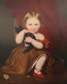 Victorian Schooloil on canvas,Portrait of a child holding a cat,30 x 25in.From a Sussex Manor