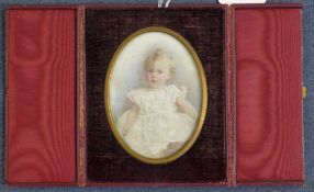 J Adamswatercolour on ivory,Miniature of an infant,signed and dated 1883,oval, 5.25 x 4in.