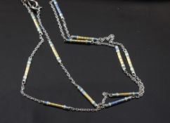 A 9ct gold, platinum and blue enamel pillar and trace link chain, (enamel a.f.), 19in