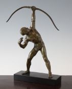 Luc. An Art Deco bronze figure of a classical archer, signed, on black marble plinth, 13in.