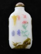 A Chinese five colour overlay white glass snuff bottle, Li Junting School, Yangzhou, 1820-1850,