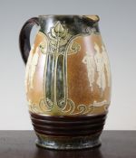 Cycling Interest: A Doulton Lambeth stoneware jug, c.1900, with three reserves relief moulded with