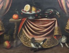 Spanish Schoolpair of oils on canvas,Still lifes of fruit on table tops with a monkey overturning a