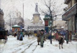 Eugène Galien-Laloue (1854?1941)gouache and watercolour,Paris street scene in the snow,signed,7.25