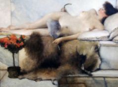 Paul Raymond Seaton (1953-)oil on canvas,Nude reclining on a lion skin,initialled,21.5 x 29.5in.
